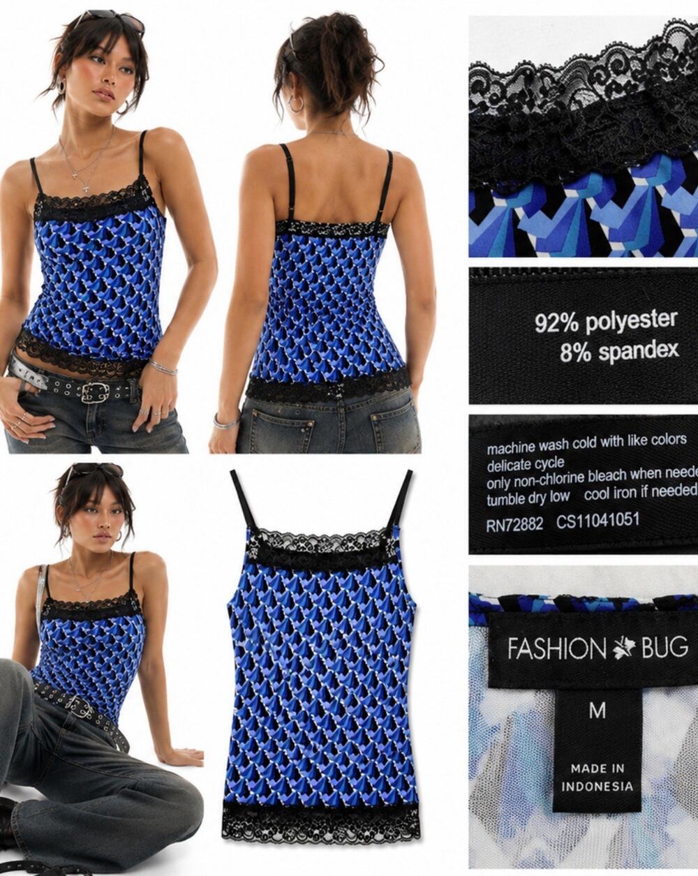 Y2K Indie Layering Fashion Bug Lace Trim Cami Tank Size M Blue Geometric Print